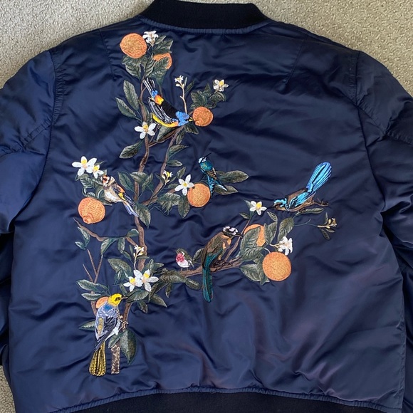 Navy Blue Embroidery Bomber Jacket with Blue Silk Lining - Picture 6 of 9